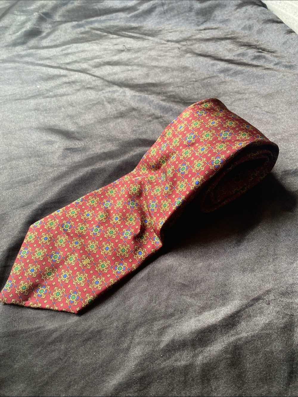 Celine Burgundy Silk Tie with Green and Blue Medallions